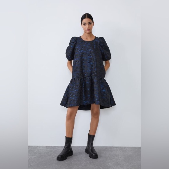 NWT ZARA Women’s Blue Black Camo Jacquard Volume Cool Dress XS X-Small Medium M - Picture 3 of 13